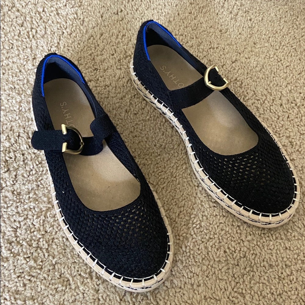 Rothy's Espadrille Mary Jane Black and Blue Flats with Gold Buckle